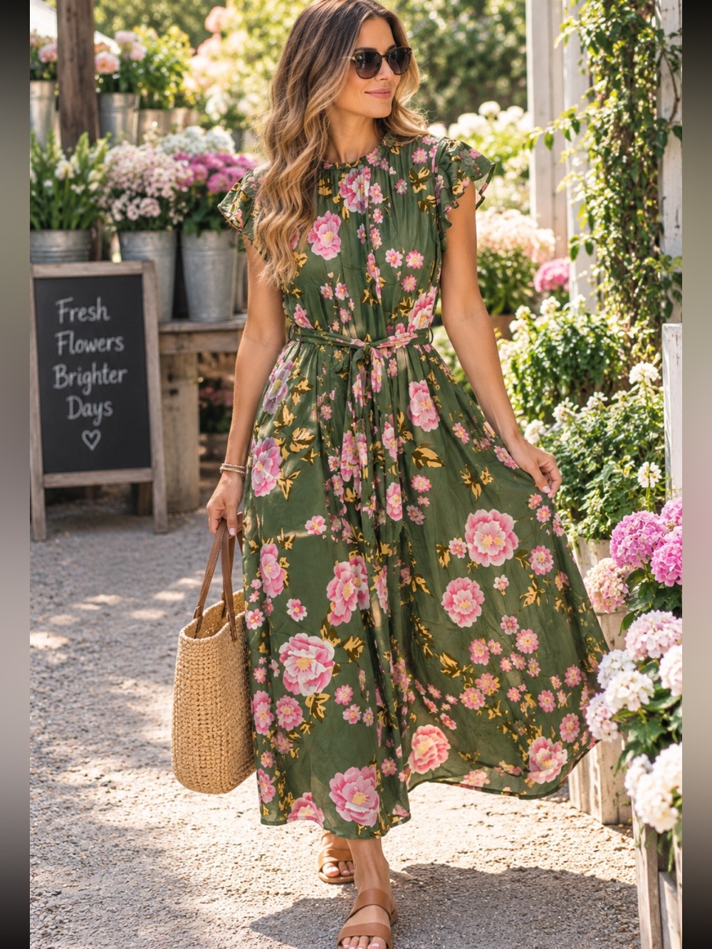 Bloomchic Floral Maxi Dress Size 12 Olive Green Pink Flutter Sleeve Cottagecore